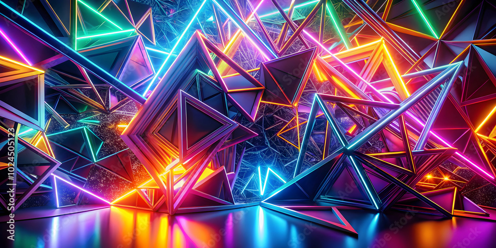 Neon Geometry: A mesmerizing abstract composition of vibrant, glowing neon triangles, arranged in a dynamic and chaotic pattern, creating an illusion of depth and movement. Perfect for tech, music. Neon Geometry: A mesmerizing abstract composition of vibrant, glowing neon triangles, arranged in a dynamic and chaotic pattern, creating an illusion of depth and movement. Perfect for tech, music.