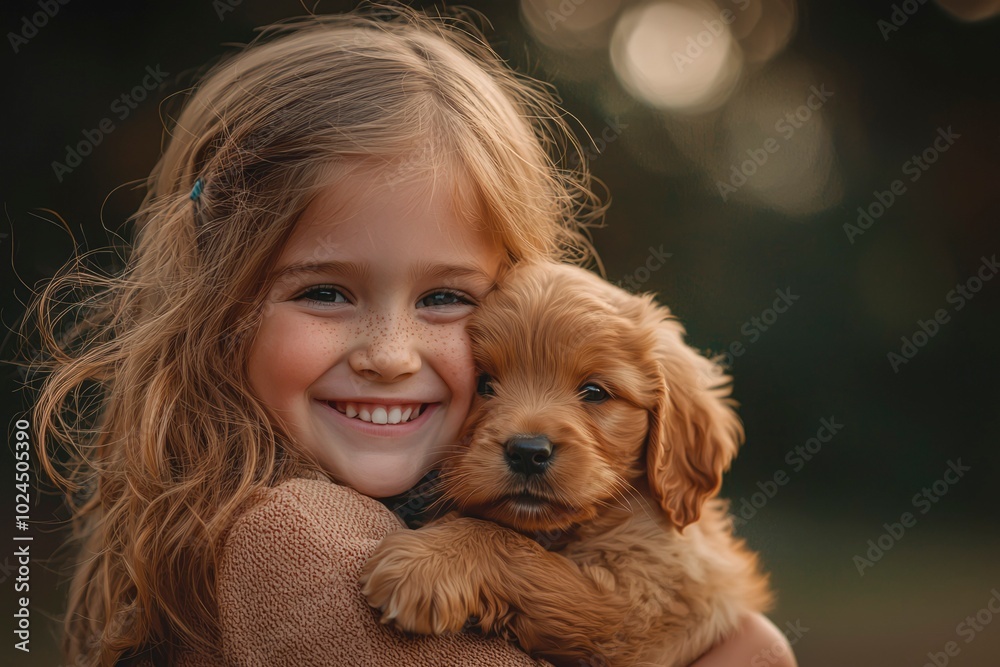 A Young Girl Smiles While Holding a Golden Puppy A Young Girl Smiles While Holding a Golden Puppy
