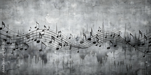 Wallpaper Mural Melody on Concrete: Musical notes dance across a textured, gray concrete backdrop, creating a dramatic and artistic visual of musical expression. Torontodigital.ca