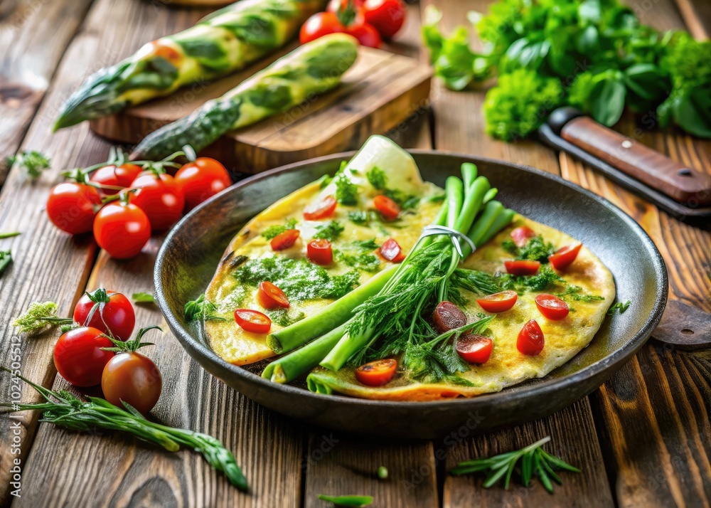 Indulge in a vibrant spring omelette, bursting with fresh herbs, sun-kissed tomatoes, and rich cheese, delivering a delightful taste of seasonal joy in every bite. Indulge in a vibrant spring omelette, bursting with fresh herbs, sun-kissed tomatoes, and rich cheese, delivering a delightful taste of seasonal joy in every bite.