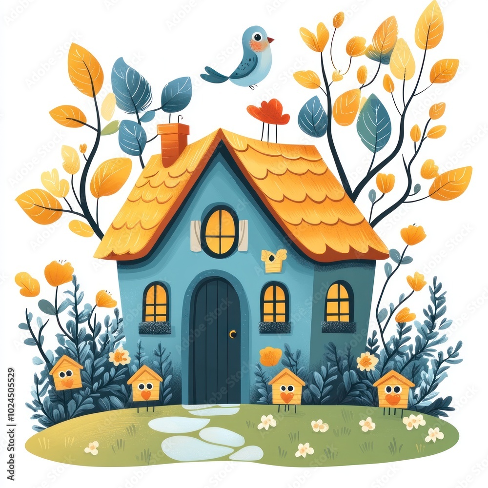 Cute Illustration of a Blue House with Yellow Roof and a Bird Cute Illustration of a Blue House with Yellow Roof and a Bird