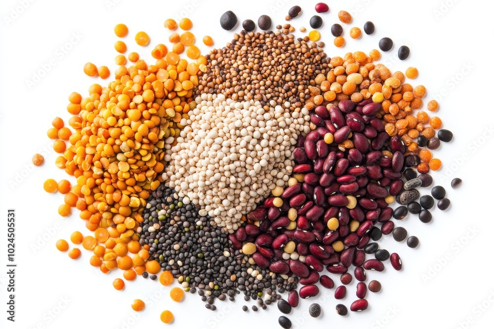 Mixed dried legumes and cereals isolated on white background, top view Mixed dried legumes and cereals isolated on white background, top view