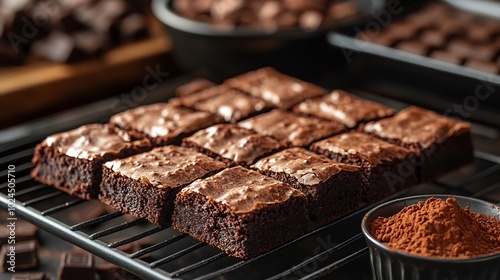 Oven freshly baked brownies cooling on a rack and a bowl of rich cocoa powder and chocolate chunks beside them