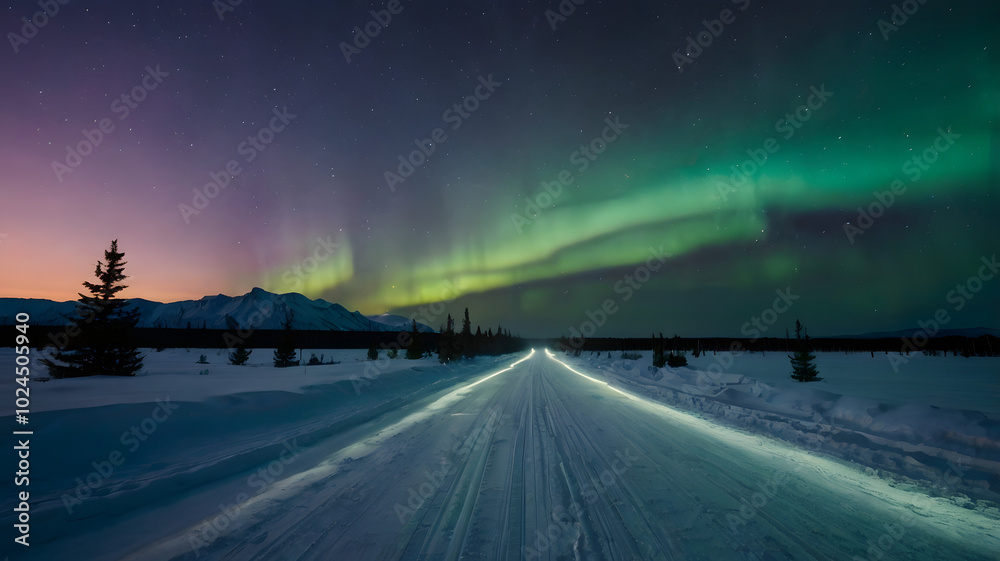 Polar lights glowing over a snowy winter landscape at night, featuring the green aurora borealis swirling above a snow-covered street, forming a stunning natural spectacle Polar lights glowing over a snowy winter landscape at night, featuring the green aurora borealis swirling above a snow-covered street, forming a stunning natural spectacle