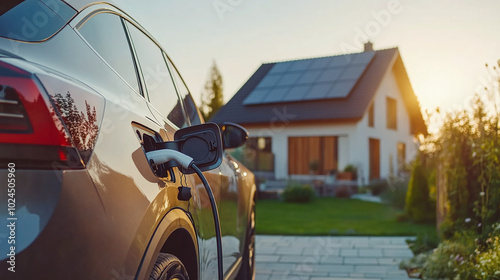 Electric car charging in the yard against the background of a private house with solar panels on the roof photo