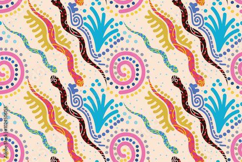 Colorful reptiles and animal. Seamless cartoon pattern in vivid colors with cute snakes and leaves. Vector pattern in cartoon style in bright colors. Print for kids and fashion