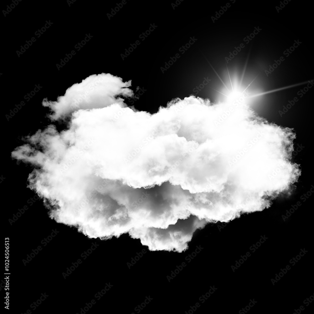 White single cloud shape over black background, fluffy single cloud White single cloud shape over black background, fluffy single cloud