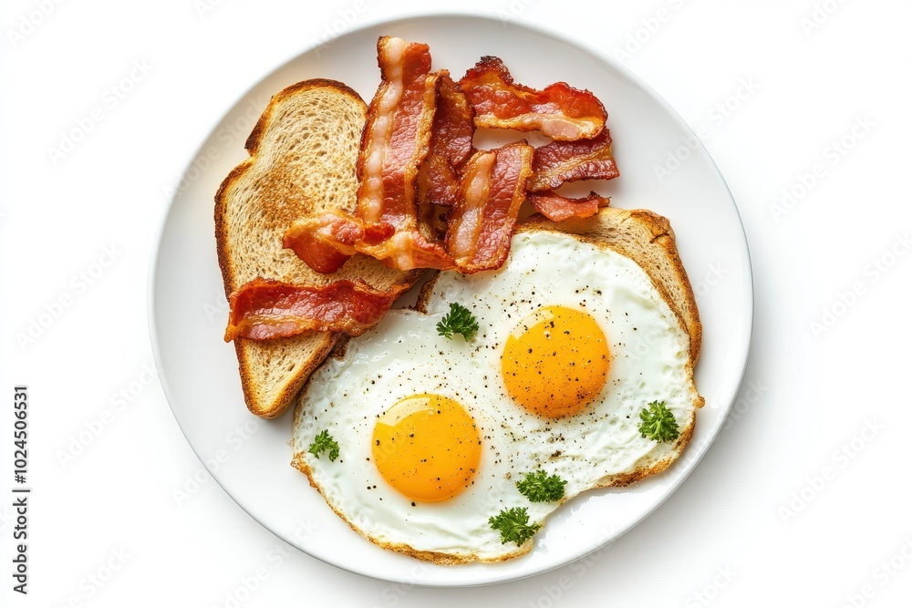 Plate of fried eggs, bacon and toast isolated on white background top view Plate of fried eggs, bacon and toast isolated on white background top view