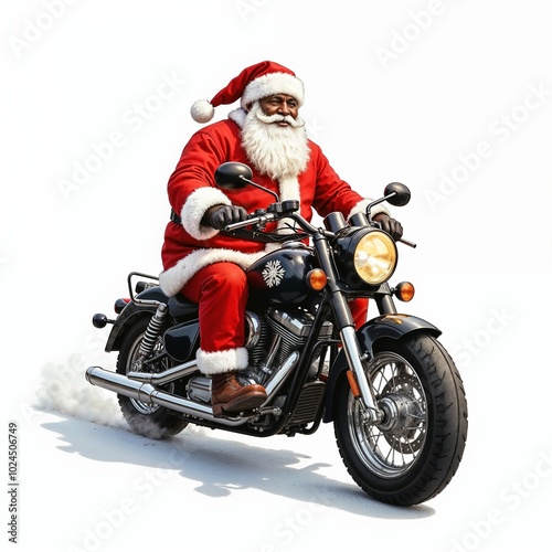 Stylish African American Santa Claus riding a motorcycle, Christmas illustration.