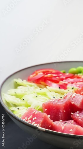 tuna salat with vegetables and herbs closeup on rotating table