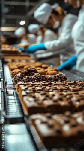 Professional bakers preparing delicious pastries in a modern bakery. photo