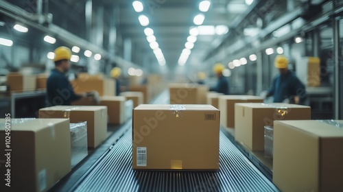 Boxes on conveyor belt in modern warehouse with workers and bright lighting.