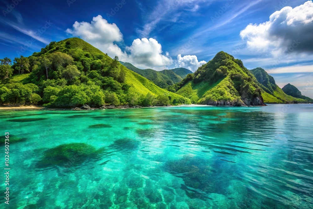 Macro tropical sea landscape with turquoise water and green hills Macro tropical sea landscape with turquoise water and green hills