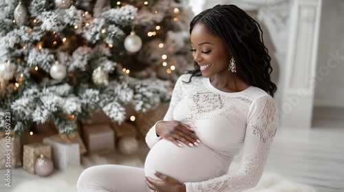 Beautiful smiling pregnant woman in cozy christmas room. Shallow depth of field..