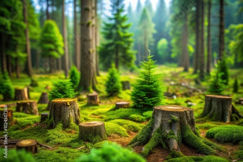 Photograph of tree stumps surrounded by a dense spruce forest, featuring a unique tilt-shift effect that creates a miniature, dream-like atmosphere amidst the greenery.