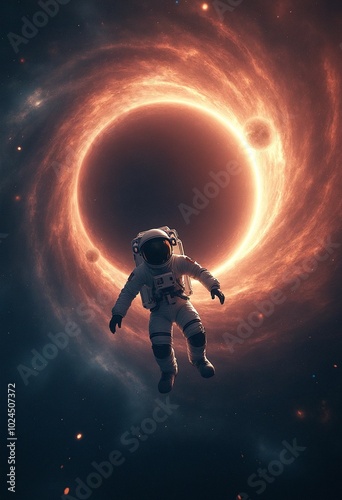 A spaceman falling into a blackhole showing Outer space from the perspective of the astronaut clearly showing the bending of spacetime around the astronaut