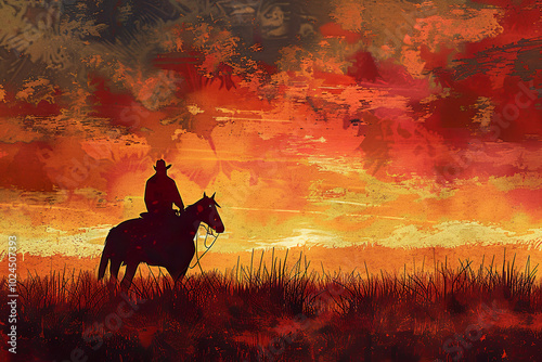 A cowboy is riding a horse in a beautiful sunset.,