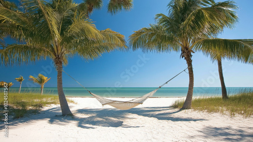 Experience Ultimate Relaxation: A Serene Beach Escape with Hammocks Nestled Between Palm Trees and Crystal Clear Waters