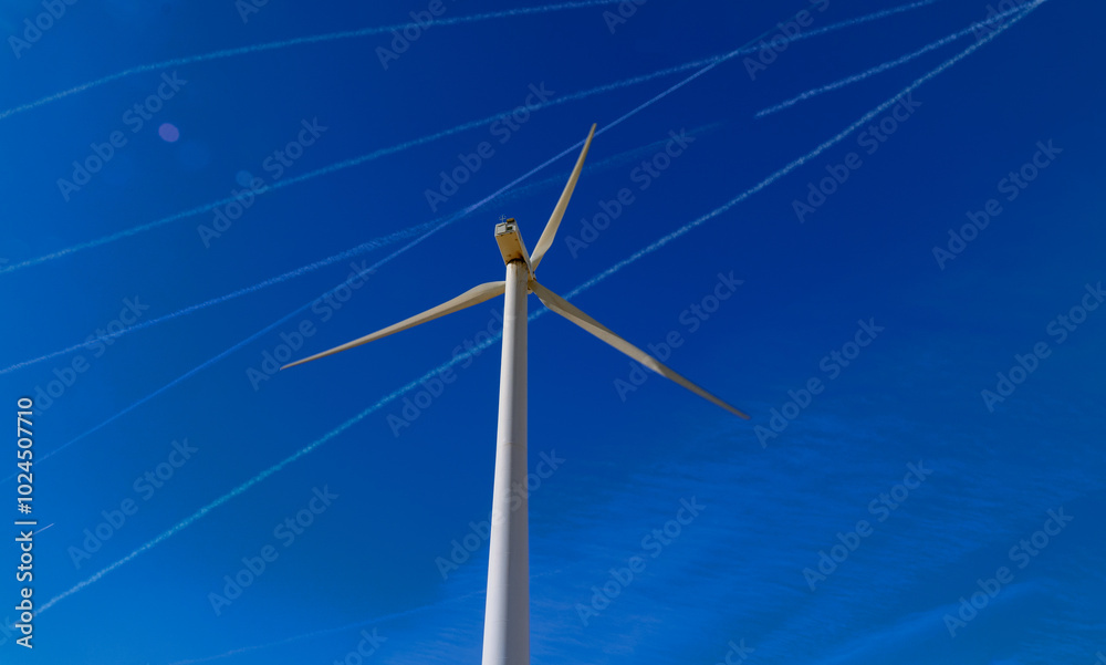 Fototapeta premium Wind turbine against a blue sky with jet trails.
