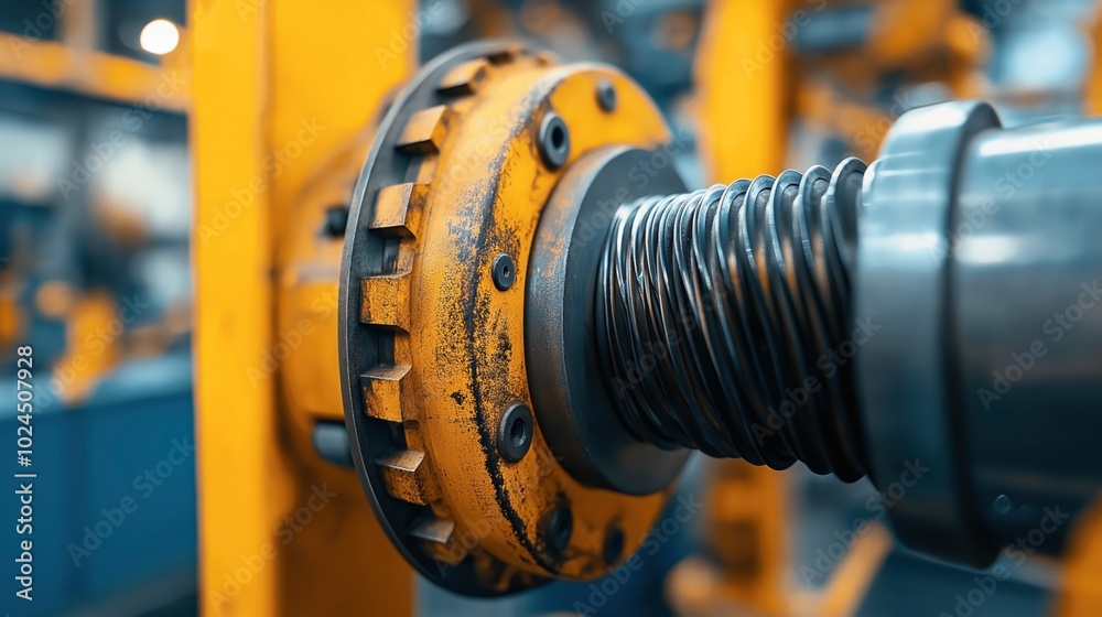 Obraz premium Close-up of a mechanical component with a coiled spring and a metal gear in a yellow industrial setting.