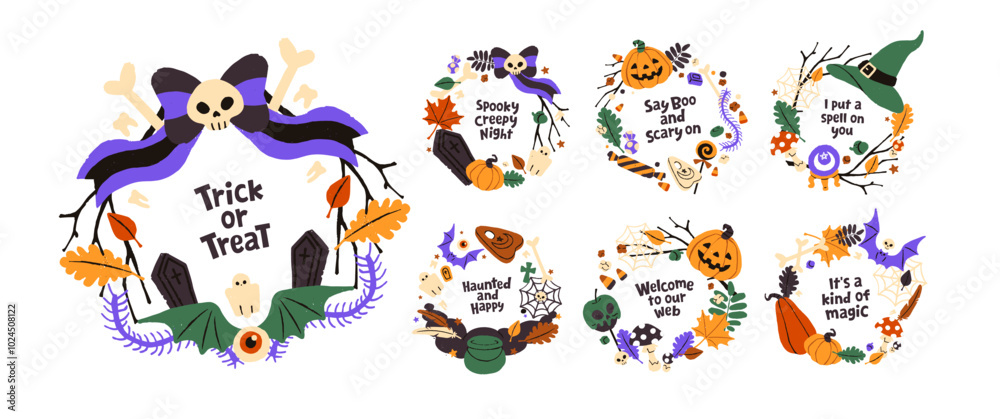Designs of Halloween wreath set. Scary Helloween circles with spooky pumpkins, web, skulls and candies. Autumn holiday decor with quote in round frames. Flat isolated vector illustrations on white Designs of Halloween wreath set. Scary Helloween circles with spooky pumpkins, web, skulls and candies. Autumn holiday decor with quote in round frames. Flat isolated vector illustrations on white