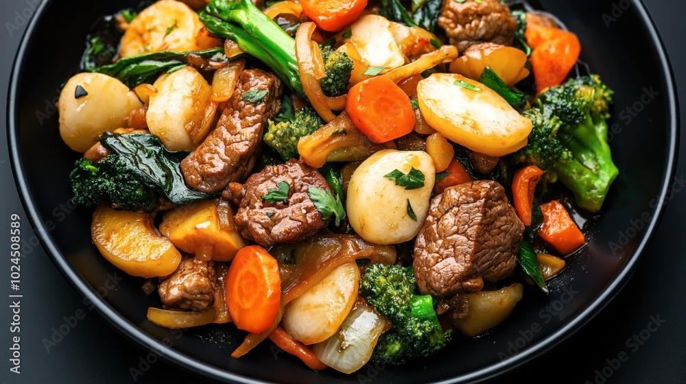 Plate of stir-fried beef with vegetables including carrots, broccoli, and potatoes, garnished with parsley Plate of stir-fried beef with vegetables including carrots, broccoli, and potatoes, garnished with parsley
