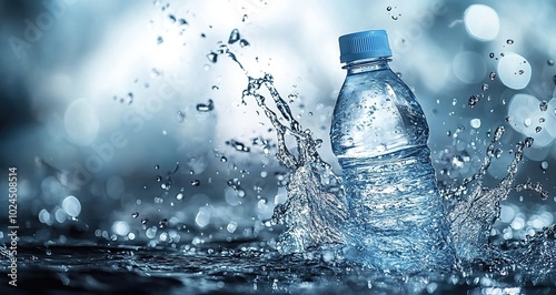  Water bottle splashing on a water background