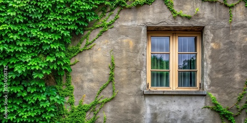 Macro windows on a gray wall with green tree leaves