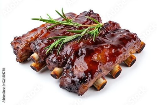 Slow cooked Peking style racks of pork ribs with a sticky plum sauce covering isolated on a white