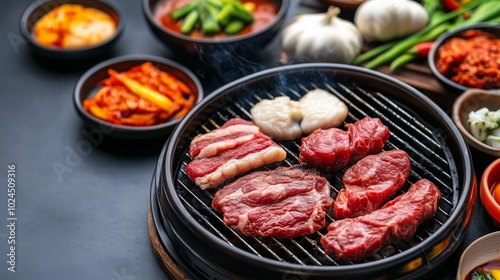 Marbled beef sizzling on a Korean BBQ grill with colorful banchan. Culinary food concept