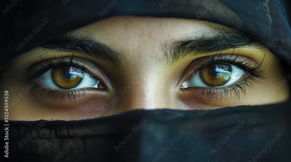 Eyes of a Muslim woman, with Dina attire, captured in a close-up Eyes of a Muslim woman, with Dina attire, captured in a close-up