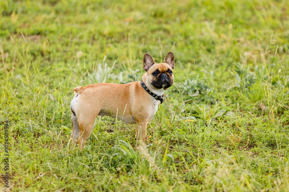 French bulldog running in a green field and playing with a stick French bulldog running in a green field and playing with a stick