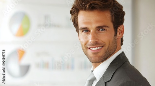 Successful businessman in suit smiles confidently for professional corporate portrait