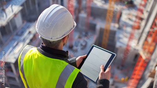 Engineer portrait with a tablet and notebook, looking at a construction site