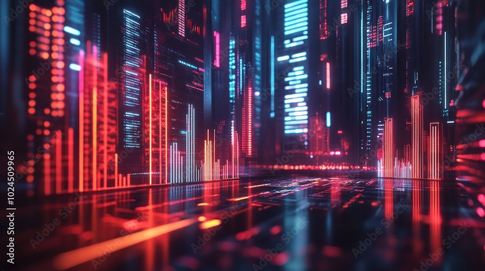 A digital interface with growing bar graphs and financial symbols, representing the rise of digital investments and finance. A digital interface with growing bar graphs and financial symbols, representing the rise of digital investments and finance.