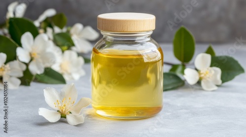 The perfect illustration of natural sweetness and benefits of honey is this beautiful jar of honey surrounded by leaves and flowers.