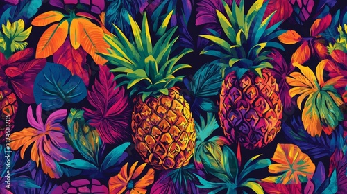 Lush tropical paradise, seamless pattern with pine and leaves for summer vibes