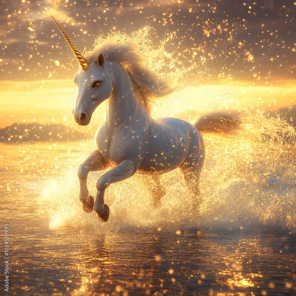 Beautiful White Unicorn with Golden Mane Galloping Through Water at Sunset, Majestic Fantasy Scene with Sparkling Light and Magical Reflections, Mythical Creature in Ethereal Landscape Beautiful White Unicorn with Golden Mane Galloping Through Water at Sunset, Majestic Fantasy Scene with Sparkling Light and Magical Reflections, Mythical Creature in Ethereal Landscape