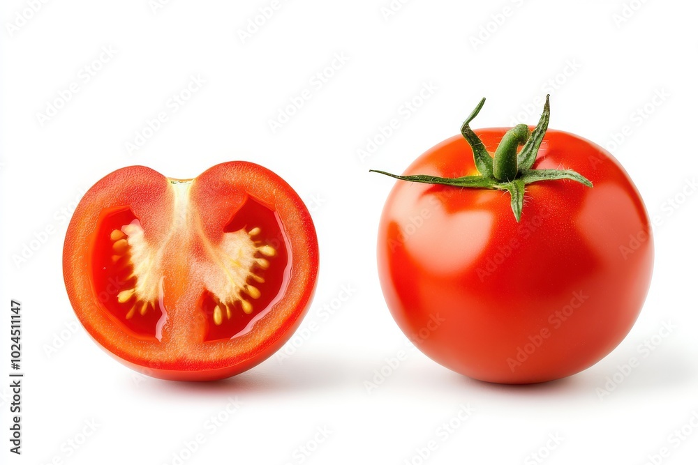 Tomato with half of tomato isolated on a white background Tomato with half of tomato isolated on a white background