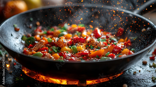 A black wok is filled with hot oil, and the fire inside the stove is blazing, creating a dramatic and intense cooking scene. The image highlights the heat and energy involved in stir-frying, emphasizi