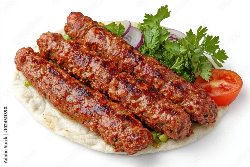 Traditional Turkish Adana kebab or kebap meat food, isolated on white background with clipping path Traditional Turkish Adana kebab or kebap meat food, isolated on white background with clipping path