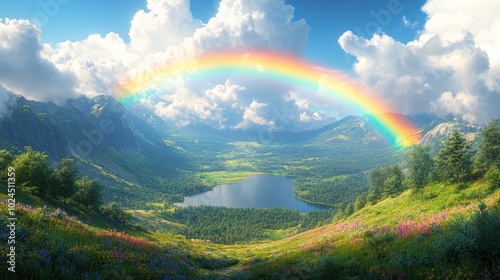 Vibrant rainbow over a scenic forest lake 