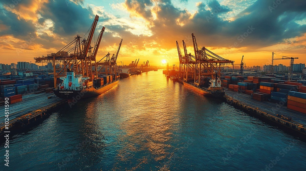 Cargo ships docked at a busy port at sunset, with cranes and containers. Cargo ships docked at a busy port at sunset, with cranes and containers.