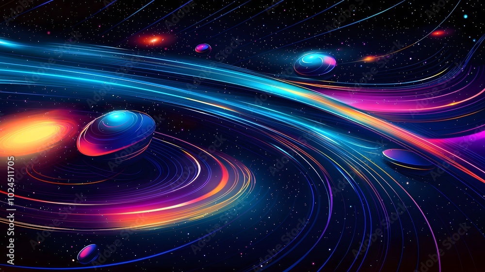 Vibrant cosmic journey: neon planets and spiraling stars in a futuristic universe Vibrant cosmic journey: neon planets and spiraling stars in a futuristic universe