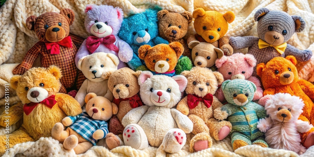 Vibrant teddy bears arranged playfully create a charming aerial view, perfect for brightening up any children's room decor with fun and cheer.