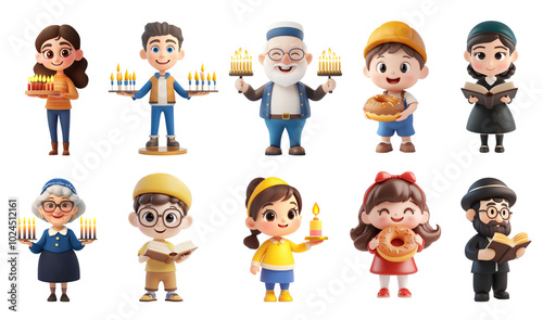 Collection of Hanukkah 3D cartoon people isolate on transparent background.