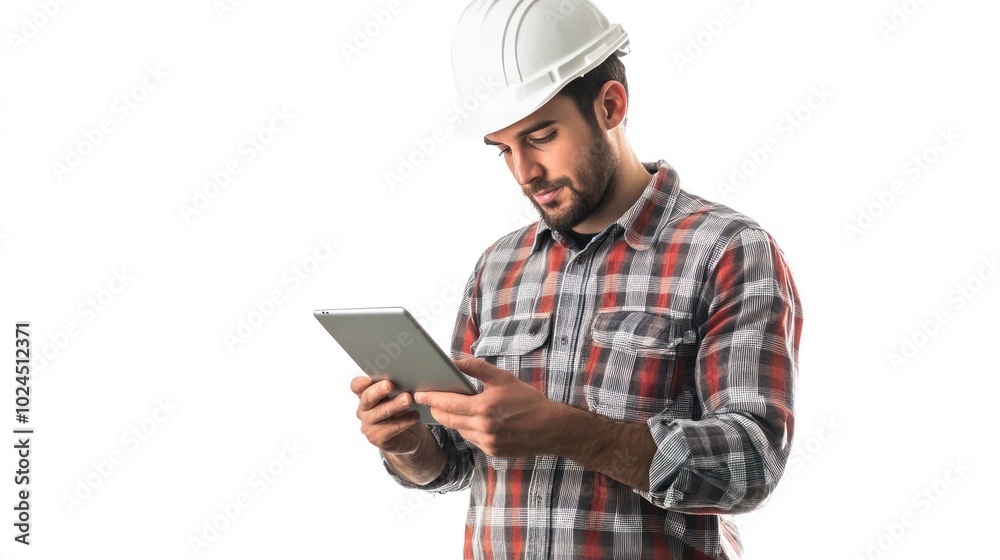 Action shot of an engineer man inspecting a building with a tablet, isolated on a white background Action shot of an engineer man inspecting a building with a tablet, isolated on a white background