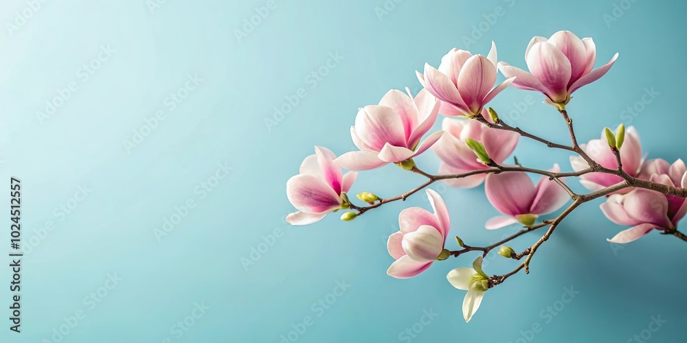 Magnolia flowers branch on light blue background with spring theme, minimalist design Magnolia flowers branch on light blue background with spring theme, minimalist design