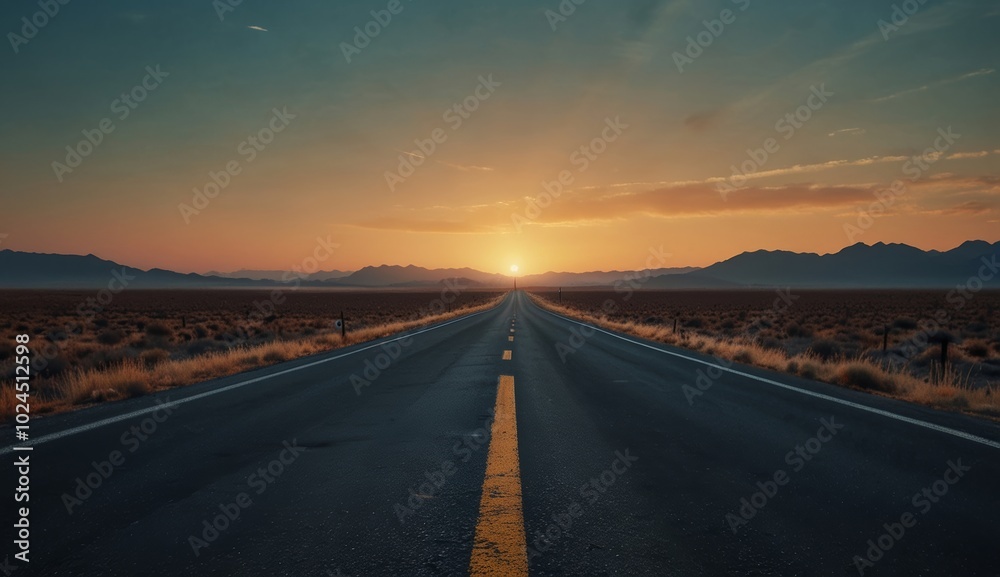 Empty road leading to the setting sun over desert landscape Empty road leading to the setting sun over desert landscape