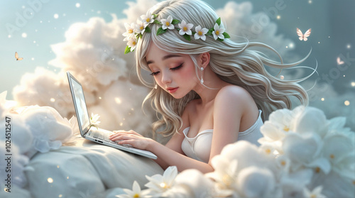  Dreamy Girl with Laptop Among Clouds, Ethereal Digital Scene photo